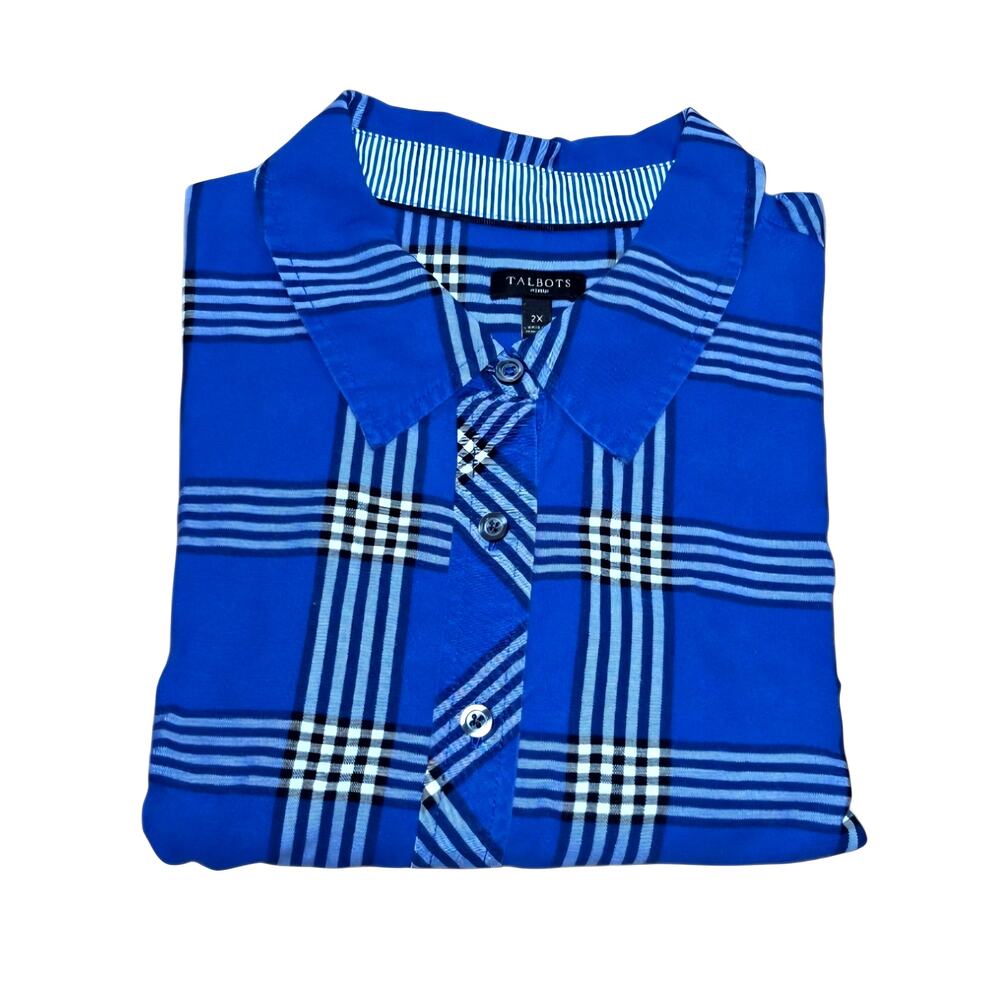 Talbots Plus 2X Blue Plaid Flannel Button Down Shirt Windowpane Preppy Classic